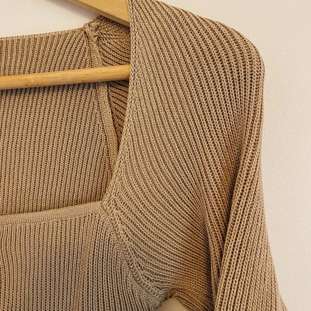 Taupe Ribbed Square Neck Knit Sweater